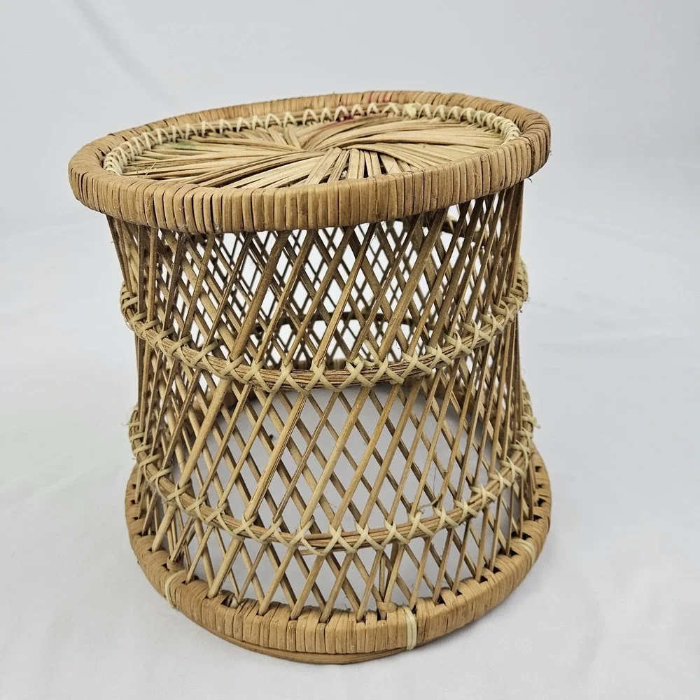 Vintage Boho Wicker Rattan Drum Planter Trash Can Mini Table Mid-Century Modern